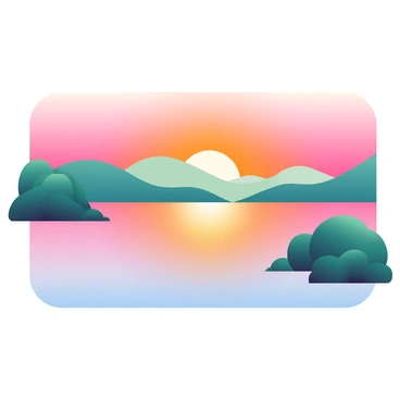 A landscape at sunset features vibrant orange and pink skies reflecting over a calm lake. The lake's surface is smooth, mirroring the colors of the sky. In the foreground, a cluster of green trees outlines the shoreline, their silhouettes dark against the colorful backdrop. A series of soft, rolling hills can be seen in the distance, gradually fading into the horizon. The light from the sunset casts a warm glow on the scenery, highlighting the natural beauty of the moment.