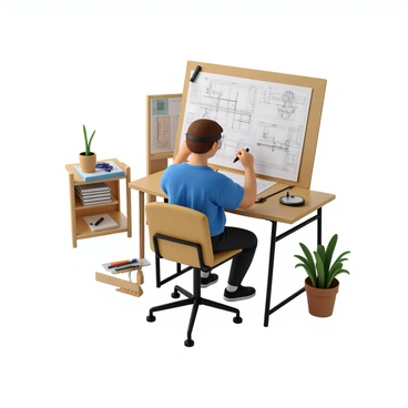 An engineer with short brown hair, wearing a blue shirt and safety goggles, is diligently sketching detailed blueprints at a wooden drafting table. The engineer is focused, with one hand holding a pencil above the paper while the other rests on the table. Around the drafting table, various tools are scattered, including a ruler, a compass, and several mechanical pencils. The blueprints feature intricate designs and annotations, showcasing the engineer's precise work. The background includes a shelf with engineering books and a small potted plant, adding to the workspace atmosphere.