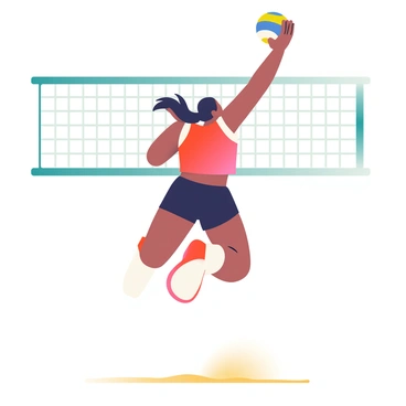 A volleyball player with medium skin is leaping into the air to spike a volleyball over the net. The player is wearing a red tank top and black shorts, and their hair is tied back in a ponytail. The volleyball is in their right hand, raised high above their head, while their left arm is extended back for balance. The net is visible in the background, with the tension of the ball about to clear it. The player's legs are bent at the knees, showcasing a powerful jump, and the sand of the court is slightly kicked up around their feet.