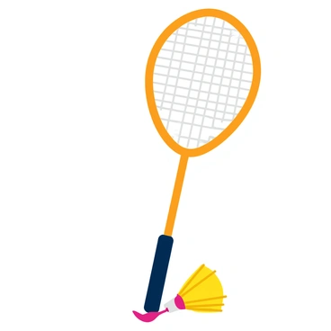 A retro-inspired logo with an old-school badminton racket and shuttlecock in bright pastel colors.