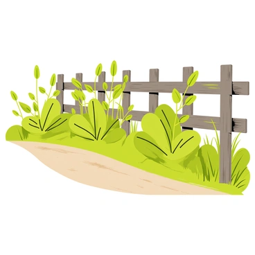 A roadside view featuring lush green wild potato plants with broad leaves, growing vibrantly near a rustic wooden fence that is weathered and textured. The fence consists of rough timber posts and horizontal planks, partially covered in patches of moss. A dirt path runs alongside the plants, winding gently through the scene. The path is dusty and bordered by small tufts of grass, enhancing the natural setting. Soft sunlight casts gentle shadows across the scene, illuminating the vibrant greens of the potato plants and the rustic charm of the fence.