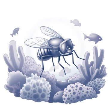 A fly with a tiny diving mask is floating in the water. The fly is depicted with delicate wings and intricate details on its body. Surrounding the fly is a vibrant underwater world, filled with various shapes of coral reefs, featuring intricate textures and formations. Schools of fish swim around, showcasing different sizes and shapes, with some fish peeking out from behind the corals. The underwater scene is rich with details, capturing the interplay between the fly and its colorful aquatic environment.