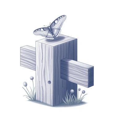 A moth with intricate wing patterns is perched on a wooden fence post. The post shows distinct wood grain textures and a slightly weathered surface. Sunlight casts soft shadows, highlighting the moth's delicate features. The surrounding area includes blades of grass and a few wildflowers, adding to the natural setting. The scene captures the moth's stillness against the rustic backdrop of the fence post.