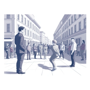 A tall man with dark hair stands in a bustling city square. He is dressed in a simple, yet elegant outfit, observing intently. In the center of the square, a street performer engages the crowd, showcasing a skillful act that draws the attention of passersby. The performer, dressed in a vibrant costume, is mid-performance, capturing the spirit of creativity and expression. The surrounding crowd, made up of various individuals, watches with rapt attention, creating an atmosphere of excitement and inspiration. The architecture of the city square features classic buildings with intricate details, framing the scene. The expressions on the faces of the spectators reflect awe and admiration as they connect with the art being performed.