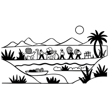 A group of traders walking along the banks of the Euphrates River, loaded with various goods on their backs and in woven baskets. Some traders are leading camels, which carry large bundles. The river flows steadily, with reeds and greenery lining its banks. In the background, there are distant mountains rising under a clear sky. A wooden boat is anchored at the river’s edge, with additional goods piled inside. A few palm trees are scattered along the landscape, providing shade to the traders.