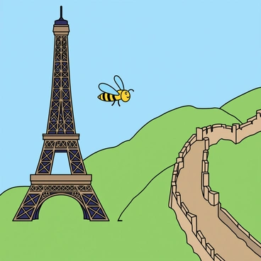A cartoon-style illustration featuring a small, adventurous fly with bright blue wings buzzing around. The fly has a curious expression on its face as it hovers in front of the "Eiffel Tower," which stands tall with its intricate iron lattice structure. In the background, a clear blue sky provides a vibrant backdrop. To the side, the "Great Wall of China" winds through lush green hills, showcasing its long, stone pathway and guard towers. The scene captures the fly's exploration spirit as it darts from one iconic landmark to another.
