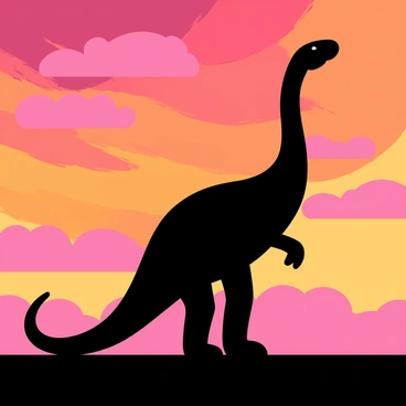 An iguanodon standing tall in profile against a vibrant sunset. The silhouette of the iguanodon is dark against the backdrop of the sky. The sky is filled with swirling colors of orange, pink, and purple, blending seamlessly to create a dramatic scene. The ground is dark, providing contrast to the bright colors above. Fluffy clouds are scattered across the sky, reflecting the warm hues of the sunset.