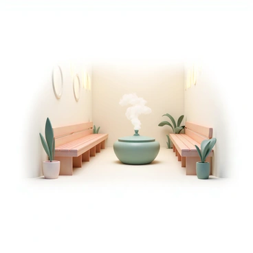 A treatment room designed for green tea steam therapy featuring wooden benches arranged along the walls. Soft, warm lighting illuminates the space, creating a calming atmosphere. The walls are adorned with subtle, nature-inspired decor. In the center of the room, a steaming vessel emits gentle wisps of fragrant steam, filling the air with the soothing scent of green tea. A few plants are strategically placed around the room, enhancing the tranquil environment.