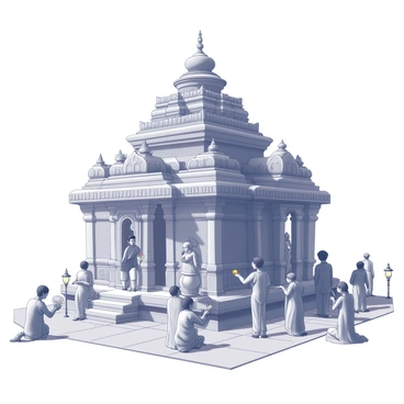 An ancient temple structure featuring ornate carvings that depict various deities and mythological scenes. The temple is constructed with large stone blocks and has a pyramid-shaped roof adorned with sculptural elements. Devotees are gathered around the temple, some kneeling in prayer while others hold offerings such as fruits and flowers. The atmosphere is bustling with people, creating a sense of devotion and cultural significance. The ground is paved with stone tiles, and traditional lamps can be seen placed around the temple, casting soft light on the carvings.