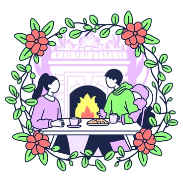 A festive frame filled with holiday flowers encircles a cozy winter gathering. In each corner, vivid poinsettias bloom, their leaves contrasting with the green stems. The center features a warm setting where people are gathered around a rustic wooden table. On the table, there are steaming mugs and a plate of cookies, invitingly arranged. A fireplace in the background emits a soft glow, illuminating the faces of the gathered friends and family. Faint shadows of pine branches are visible, enhancing the winter atmosphere.