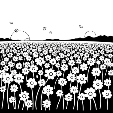 A dense field filled with "chamomile flowers" swaying gently in the breeze. The scene captures the intricate details of the flowers, with their distinct white petals and yellow centers. The background features a horizon line where the sun sets, casting elongated shadows across the field. The arrangement of the flowers creates a sense of depth and rhythm throughout the landscape. A few butterflies can be seen fluttering among the blooms, adding life to the scene.