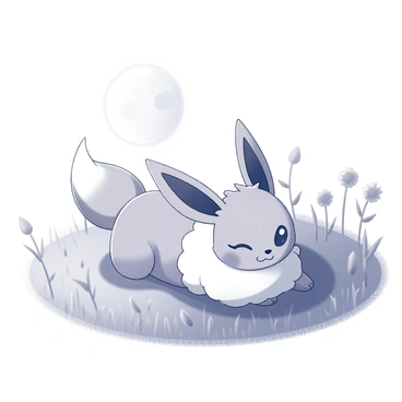 An Eevee lying down comfortably in a meadow. The grassy area is softly illuminated by moonlight, casting gentle shadows around the Eevee. The creature's fur appears fluffy and detailed, with its large ears perked up slightly, indicating a relaxed state. Surrounding the Eevee, various flowers and blades of grass are visible, adding to the natural setting. The scene captures a peaceful atmosphere, highlighting the serene environment of the meadow at night.