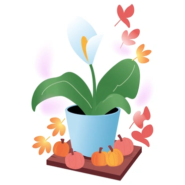 A peace lily in a ceramic pot sits prominently on a wooden porch. Surrounding the peace lily are vibrant autumn leaves in shades of orange, red, and yellow. Several small pumpkins of varying sizes and colors are placed around the base of the peace lily, adding a seasonal touch. Soft sunlight casts gentle shadows on the porch, enhancing the cozy atmosphere of the scene.