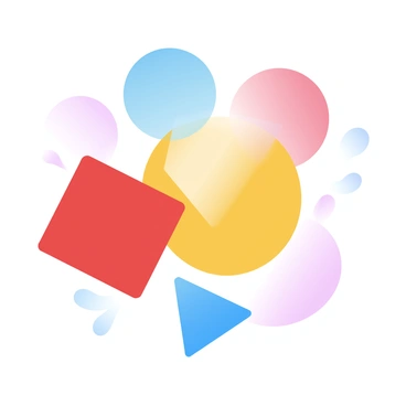 A collection of overlapping geometric shapes in bold primary colors is arranged in a dynamic composition. The shapes include circles, triangles, and squares, each displaying vibrant red, blue, and yellow hues. The shapes are layered, creating a sense of depth and interaction among them. The background is a smooth gradient that complements the colors of the geometric forms, enhancing the overall visual impact.