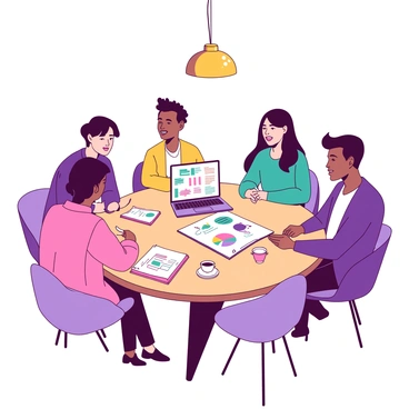 A group of five influencers is sitting around a round table made of light wood. Each influencer has a unique style, with one wearing a pink jacket, another in a teal sweater, and the others in casual attire. Their expressions are focused and engaged as they discuss ideas. In the center of the table, there is a large notepad filled with colorful notes and sketches. Several cups of coffee are scattered around, along with a laptop displaying a presentation. The atmosphere is lively, with a warm light illuminating the scene from a hanging lamp above.