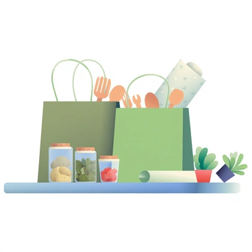 A collection of eco-friendly products is displayed on a wooden table. Each product features green and earthy tones. There are reusable canvas shopping bags in various shades of olive and moss green. A set of bamboo utensils in natural brown is arranged beside the bags. Glass containers with cork lids hold various herbs and spices, showcasing their earthy colors. To the side, small potted plants with lush green leaves add a touch of nature. A roll of biodegradable wrapping paper in a subtle leaf pattern is placed at the back, completing the collection.