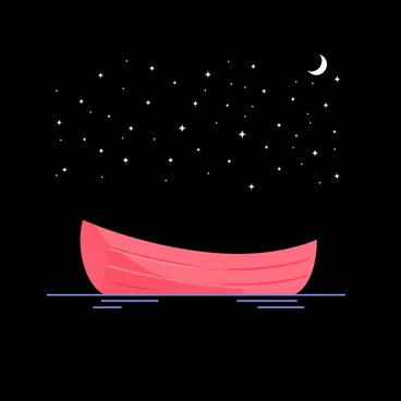A small boat floating on blackwater under a starry night sky