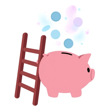A pink piggy bank is positioned prominently in the center of the image. A sturdy ladder made of wood leans against the side of the piggy bank, reaching towards the top. Several shiny coins are being dropped into the slot on the piggy bank's back, some of them mid-air, capturing the moment of descent. The coins vary in size and reflect light, creating a sparkling effect. The background features a soft gradient of pastel colors that enhances the playful scene.