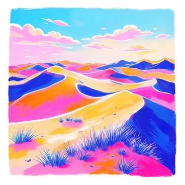 A landscape features rolling sand dunes with smooth, undulating forms. The sand is a golden hue, reflecting the warm light of the setting sun. Above, the sky transitions from "light blue" near the horizon to "deep orange" higher up, creating a gradient of colors. Wispy clouds are scattered across the sky, enhancing the visual depth. The dunes are adorned with sparse patches of green vegetation, breaking the continuity of the sandy surface. The scene conveys a sense of vast emptiness and natural beauty.