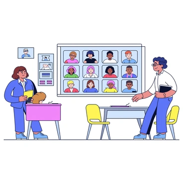 A virtual classroom setting with a teacher standing at the front, facing a large screen. The teacher has short brown hair and wears glasses. On the large screen, multiple students are displayed in small squares, each appearing engaged in the lesson. The students come from diverse backgrounds, with varying hair colors and styles, and they are all attentive as the teacher speaks. The classroom is equipped with modern furniture, including a sleek desk and colorful chairs. There are educational posters on the walls, adding to the learning environment.