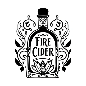 An ornate label design for a fire cider bottle featuring intricate floral patterns and swirling vines. The label has a central circular emblem that contains the words "Fire Cider" in an elegant font. Surrounding the emblem are decorative borders that include motifs of peppers and herbs. The label background showcases filigree details that enhance the luxurious look. There are small accents of leaves and botanical illustrations framing the edges of the label. The entire composition embodies a vintage charm suitable for an artisanal product.