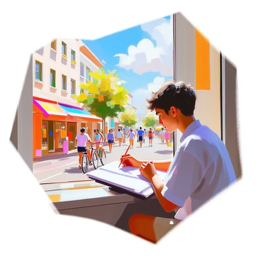 A person with medium skin tone is sitting on a windowsill, sketching intently. They have short, curly hair and are wearing a casual, light-colored shirt. The scene captures their focused expression as they draw with a pencil in one hand. Below the window, a vibrant street is alive with activity; people are walking by, some engaged in conversation, while others are riding bicycles. Colorful storefronts line the street, and a few trees add greenery to the bustling scene. The sky is bright with fluffy clouds, enhancing the lively atmosphere of the urban environment.