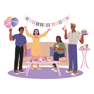 A group of four friends is gathered in a cozy living room, celebrating a job offer with a small party. Two friends are standing on the left; one has light brown skin and short curly hair, wearing a navy blue shirt and black jeans. The other has medium skin and long straight hair, dressed in a bright yellow dress and sandals. They are holding colorful balloons that read "Congratulations!" in white letters. 

On the right, another friend with dark skin and a green shirt is holding a slice of cake with candles and smiling widely. Next to them is their friend with light skin and wavy hair, wearing a patterned shirt and jeans, raising a glass in a toast. The room is decorated with streamers and a banner that says "Celebrate!" in bold letters. A small table in the background holds a spread of snacks, drinks, and a decorated cake.