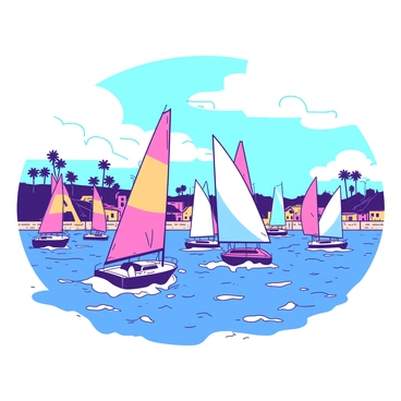 A vibrant scene of a sailing regatta taking place in the Bay of Palma. Numerous boats with billowing sails are competing against each other, the sails catching the wind prominently. The water is choppy, reflecting the lively action of the race. In the background, the shoreline is dotted with palm trees and colorful buildings that capture the essence of the coastal landscape. The sky overhead is bright and clear, providing a perfect backdrop for the excitement of the racing boats.