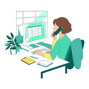 A teal person is sitting at a white desk while speaking on the phone. The person has short brown hair and is wearing a yellow shirt. On the desk, there is a white computer monitor displaying a spreadsheet, a yellow notepad with a pen beside it, and a small teal plant in a white pot. The phone is held up to the person’s ear, and they appear engaged in the conversation, taking notes on the notepad. Sunlight is filtering through a white window, casting soft shadows on the desk.