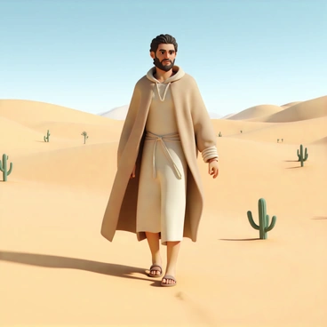 A man named Jonah, wearing a long, dusty cloak that billows slightly with the light desert breeze, walks through a vast desert landscape. His cloak has various shades of brown and beige, blending with the sandy terrain. He has a determined expression, with furrowed brows and focused eyes, as he strides purposefully across the golden sands. The sun casts sharp shadows, highlighting the contours of the dunes and creating a sense of heat and desolation all around him. In the background, scattered cacti and a clear blue sky complete the scene.