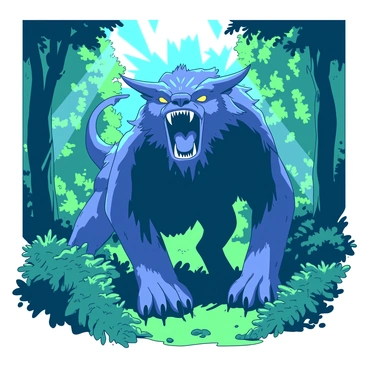 A mythical beast with shimmering scales and a powerful stature stands in a lush forest. The creature has glowing eyes that pierce through the dense foliage, illuminating its surroundings. Its mouth is open wide as it lets out a deep, resonant roar, echoing through the trees. The forest is rich with vibrant greenery, and shafts of light filter through the leaves, creating a mystical atmosphere around the beast. Ferns and underbrush surround its massive paws, adding to the sense of wildness and natural beauty in the scene.