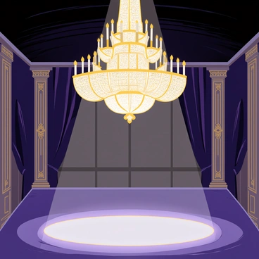 A massive, ornate chandelier with multiple tiers of sparkling crystals hangs from the ceiling. The chandelier has intricate gold detailing and several candles flickering with soft light. Below it, the polished ballroom floor reflects the chandelier’s brilliance, while eerie shadows dance across the surface. Elegant columns with decorative patterns line the edges of the ballroom, and rich velvet curtains frame large windows. The atmosphere is filled with a sense of grandeur and mystery.