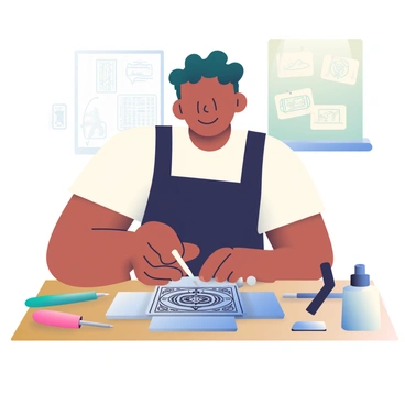 An artist with light brown skin and short curly hair is focused on engraving a detailed design onto a medium-sized metal plate. The artist is wearing a black apron over a white t-shirt, and their hands are steady as they hold a small engraving tool in one hand. The metal plate is resting on a wooden workbench surrounded by various tools for engraving and metalwork. In the background, there are sketches of designs pinned to a bulletin board, and a soft light is illuminating the workspace.