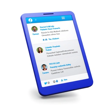 A mobile device displaying a LinkedIn newsfeed. The screen shows various posts featuring industry updates, with text highlighting professional achievements and trending articles. The background of the device features a subtle gradient. The newsfeed layout includes profile pictures, company logos, and engagement metrics such as likes and comments. The device is positioned on a sleek, modern surface.