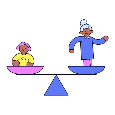 A pair of balanced scales with a sleek, simple design. On one side of the scales, there is a round figure representing justice, with a confident stance and a subtle smile. On the opposite side, there is a rectangular figure symbolizing fairness, standing upright with open arms. Both figures are depicted in contrasting colors to emphasize their diversity. The scales are positioned on a flat surface, showcasing their equilibrium.