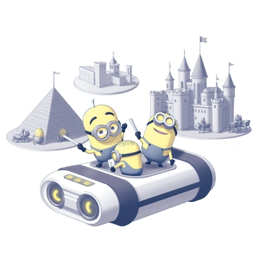 A group of small, whimsical yellow characters, known as minions, interacting with a futuristic time machine. The time machine has various buttons and glowing dials. In the background, there are distinct historical settings: an ancient Egyptian pyramid, a Medieval castle with knights, and a bustling Victorian street. Each scene features elements representative of the era, such as hieroglyphics on the pyramid, banners fluttering from the castle, and horse-drawn carriages in the Victorian scene. The minions are joyfully exploring each environment, with some holding artifacts from these eras.