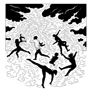 A scene depicting a multitude of figures swirling in a tempest of energy and emotion. The figures are engaged in dynamic poses, embodying various expressions of passion and desire. Their bodies are intertwined, creating a sense of movement as they are caught in the storm. Above them, dark clouds swirl ominously, and flashes of light break through, illuminating their forms. The ground is filled with swirling patterns, echoing the chaos above, as the figures seem to dance amidst the storm.