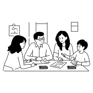 A family sitting around a rectangular table, engaged in a discussion about finances. There are four family members: a father with glasses, wearing a button-up shirt, a mother with long hair, dressed in a casual top, a teenage daughter with a notebook and a pencil, and a young son holding a calculator. Various charts and graphs are spread out on the table, along with multiple calculators. The room has a warm feel, with light coming from a window and family photos on the walls. Each family member has a focused expression as they look at the documents in front of them.