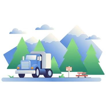 A large, blue transport truck is parked at a rest stop. The truck has a white cab and a shiny chrome grille. In the background, there are tall, majestic mountains with green pine trees dotting their slopes. The sky is clear and blue, with a few fluffy white clouds scattered. There is a paved area with a couple of picnic tables nearby, and a small sign indicating the rest stop. The ground is covered with small patches of grass and gravel.
