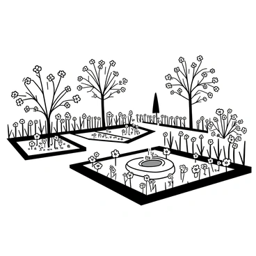 A detailed view of the Montreal Botanical Garden in spring, showcasing a variety of plants and flowers arranged in well-defined garden plots. The scene features a wide array of blooming flowers in different shapes and sizes. Pathways wind through the gardens, bordered by neatly trimmed hedges. In the background, there are ornamental trees, their branches elegantly arching over the paths. A small fountain is visible, with water gently flowing into a stone basin surrounded by greenery. The sky is clear, indicating a bright day, enhancing the vibrancy of the garden.