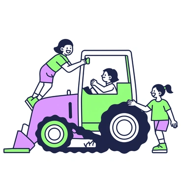 A group of children is playing near a parked JCB machine. They are climbing on the machine, showcasing their excitement and joy. One child is perched on the arm of the JCB, grinning widely, while another is sitting in the driver's seat, pretending to steer. A third child is standing next to the tracks, looking up at the machine with a big smile. The scene captures the vibrant energy of the children as they engage with their surroundings, with the JCB machine towering over them.