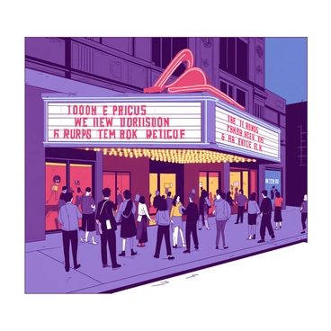 An old-fashioned cinema building with ornate architectural details is illuminated at night. The marquee above the entrance is lit up with bright lights, featuring the title of a film in large letters. A group of diverse people is queuing outside the cinema, some holding tickets, while others are chatting excitedly. The atmosphere conveys anticipation as the line stretches down the sidewalk, and warm light spills from the cinema entrance onto the street. The cinema's windows reflect the glow of the marquee lights.