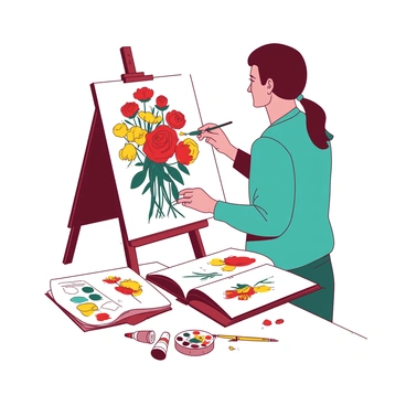An artist with a teal shirt is standing in front of a white easel, carefully painting a colorful arrangement of flowers on a large canvas. The canvas displays vibrant red and yellow flowers in various sizes and shapes. The artist is holding a paintbrush in one hand and has an open flower book on a nearby table, showcasing several colorful illustrations that the artist is referencing. There are paint tubes and a palette with mixed colors scattered across the table, adding to the creative atmosphere of the scene. The artist appears focused and immersed in the act of painting.