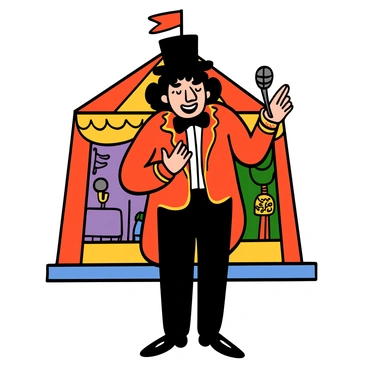 A ringmaster with light skin and curly black hair stands confidently under a colorful circus tent. He is wearing a tall black top hat and a red tailcoat, adorned with gold trims. The ringmaster has a wide smile, showcasing his excitement as he gestures with one hand, inviting the audience's attention. He is holding a shiny microphone in the other hand, and behind him, the circus stage is set with vibrant props and a spotlight shining down. His black pants have a shiny finish, and he wears shiny black shoes.