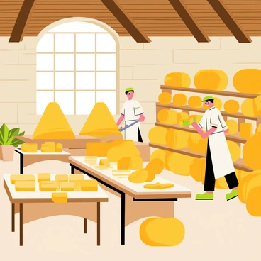 An old-fashioned cheese factory with wooden beams and stone walls. Large wheels of cheese are arranged on wooden shelves, showcasing their golden color and round shape. Workers in white aprons are carefully tending to the cheese, with one person using a large knife to cut a wheel. There are wooden tables filled with various cheese-making tools and molds. A large window lets in natural light, illuminating the scene and highlighting the textures of the cheese.
