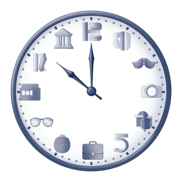 A round clock face without any numbers. Instead of numbers, various symbols are arranged around the clock, each symbol representing a different life stage. The symbols include a baby bottle, a schoolhouse, a briefcase, a wedding ring, and a pair of glasses. Each symbol is intricately designed and positioned evenly around the clock, maintaining a balanced appearance. The hands of the clock are pointing towards two distinct symbols, illustrating the passage of time and the journey through life stages. The clock is set against a simple background that emphasizes its unique design.