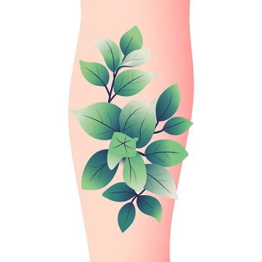 A tattoo design features a cluster of green leaves, each adorned with intricate vein patterns and detailed markings. The leaves are varying in size and shape, creating a natural composition. Some leaves are darker green while others have lighter shades, adding depth to the design. The tattoo is placed on the upper arm, and the skin tone is light, providing a contrast to the vibrant greens of the leaves.