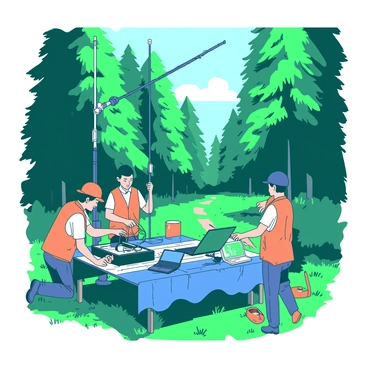 A communications team is carefully setting up a radio transmitter in a dense forest. The team consists of three members, each wearing bright orange safety vests for visibility. One member is holding a long antenna, adjusting its position. Another member is connecting wires to the transmitter, which is placed on a wooden table covered with a blue tarp. The third member is checking a laptop that displays data on a green screen. Surrounding them, tall green trees create a lush canopy, with patches of sunlight filtering through the leaves, casting soft shadows on the forest floor. In the background, there is a small path leading deeper into the woods.