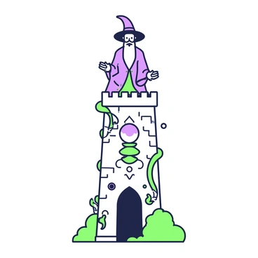 A tall tower rises high above the landscape, its architecture featuring gothic elements and intricate carvings. At the top of the tower, a wizard with a long flowing robe and a pointed hat stands. He has a long beard and wise, observant eyes. In front of him, a large crystal ball rests on an ornate pedestal. The crystal ball reflects the light, hinting at visions within. Surrounding the tower, twisting vines and ancient symbols adorn the stonework, adding to the tower's enigmatic presence.