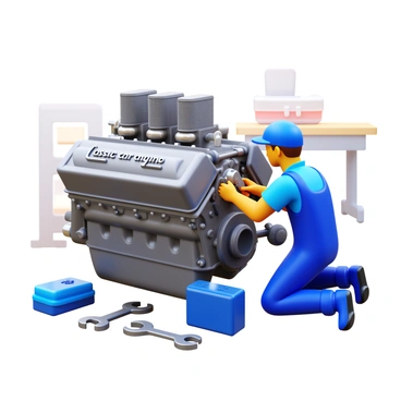A classic car engine with metal components exposed and gleaming chrome parts. A mechanic wearing a blue jumpsuit is kneeling beside the engine, intently adjusting the torque settings using a torque wrench. Tools are scattered nearby, including wrenches and a toolbox. The background has a hint of a garage setting with soft shadows and a workbench. "Classic car engine" is clearly visible on the engine block.
